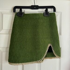 Zara green tweed mini skirt with gold chain